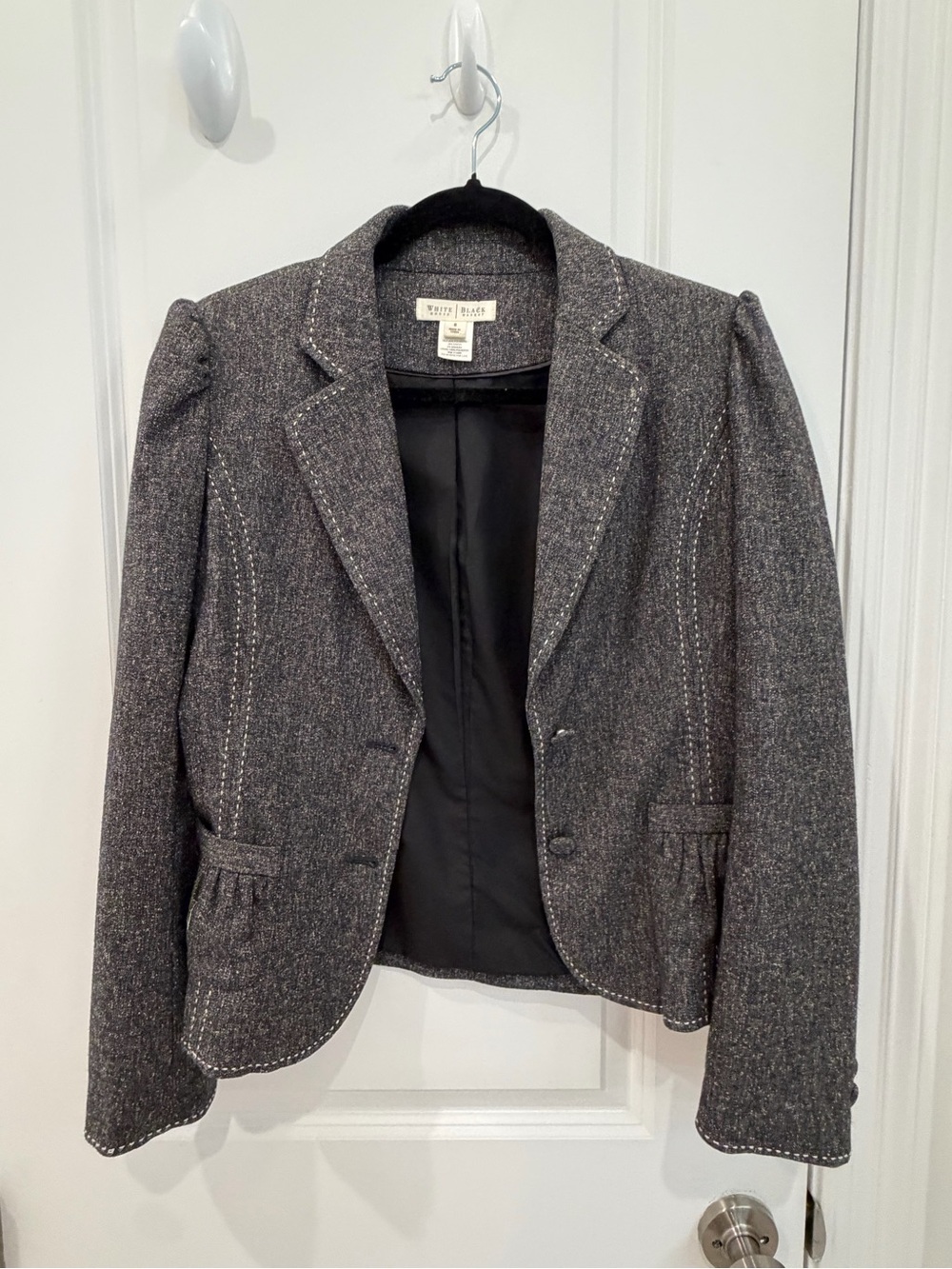 White House Black Market Gray Tweed Women's Blazer Jacket with Contrast Stitch